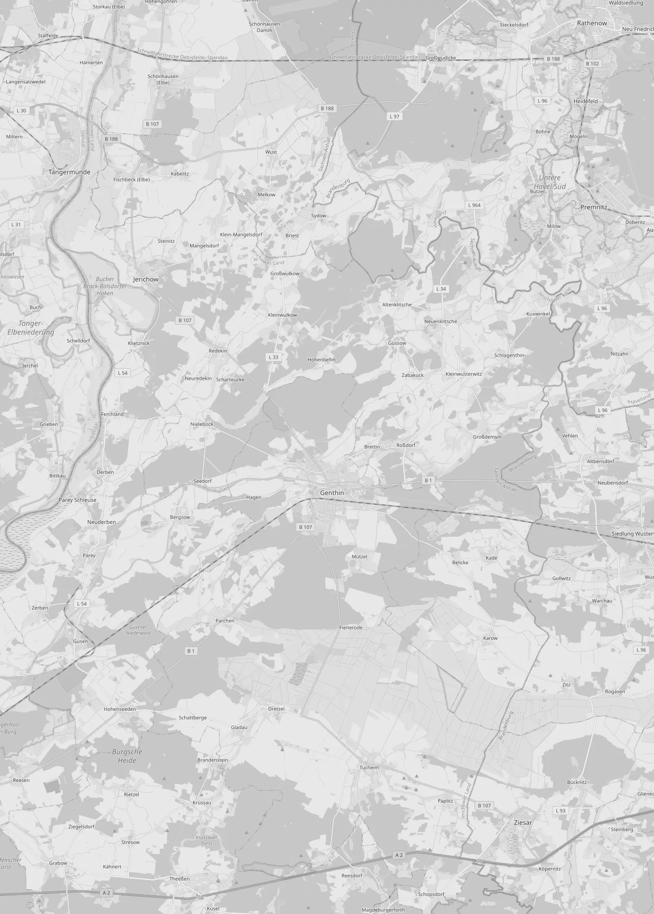 Karte der Region mit den vier Standorten Genthin, Ziesar, Derben und Schönhausen